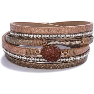 Leather Wrap Bracelet Faux Leather Crystal Bead Cuff for Women 14.7 inches